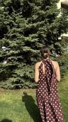 Kahverengi Boyundan Bağlamalı Puantiyeli Elbise