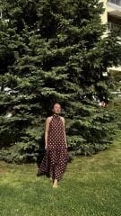 Kahverengi Boyundan Bağlamalı Puantiyeli Elbise