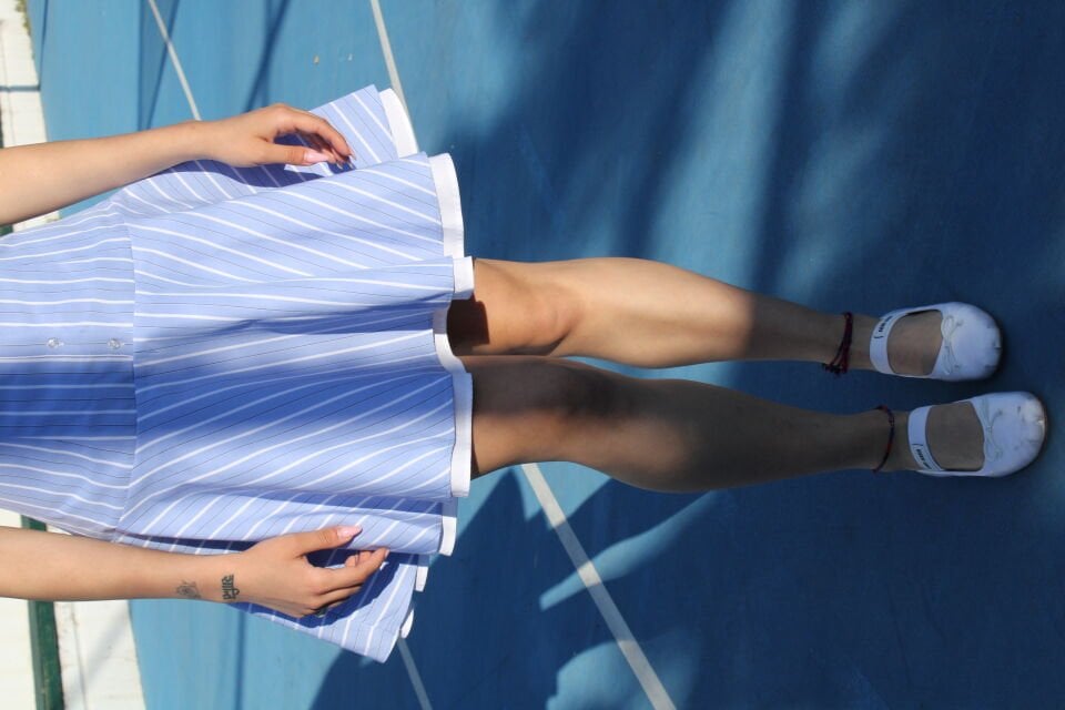 Mavi Beyaz Çizgili Askılı Mini Elbise