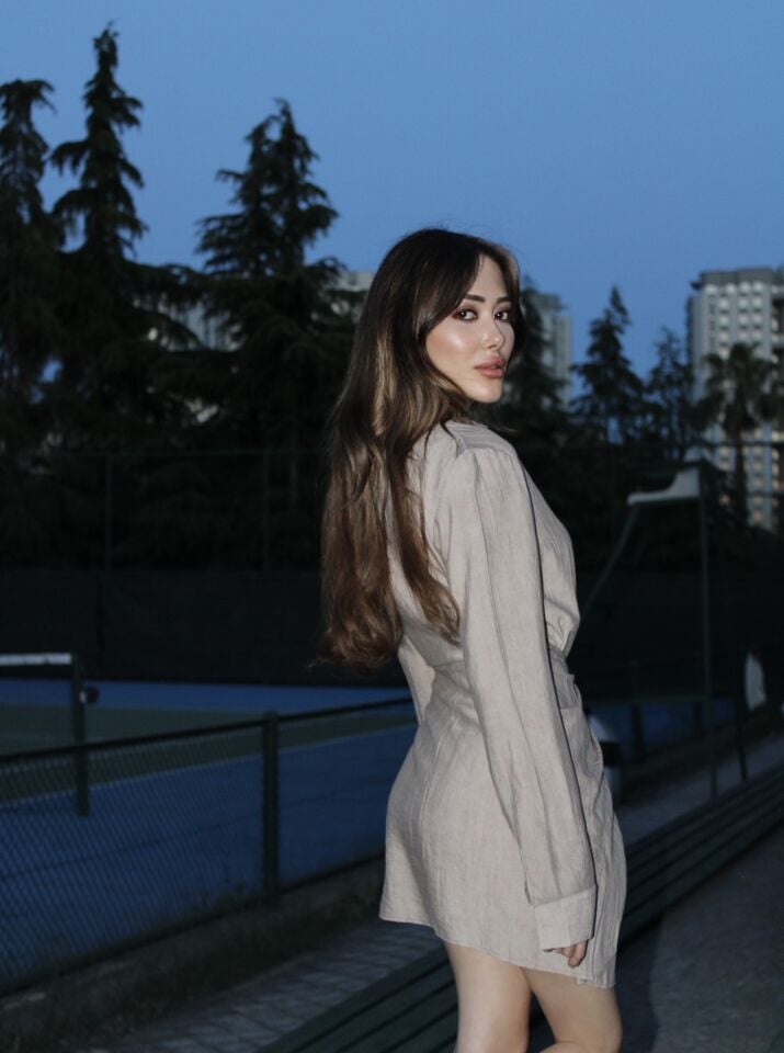 Bej Yandan Bağlamalı Gömlek Elbise