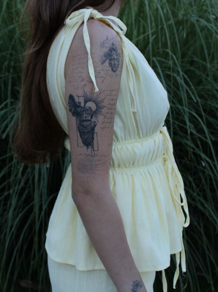 Lastik Detaylı Sarı Pantolon Bluz Takım