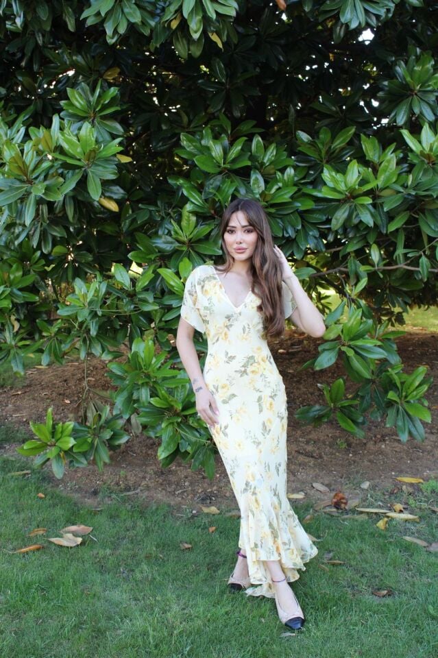 Sarı Çiçekli Şifon Elbise