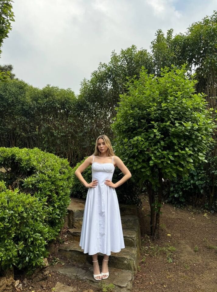 Beyaz Poplin Askılı Elbise