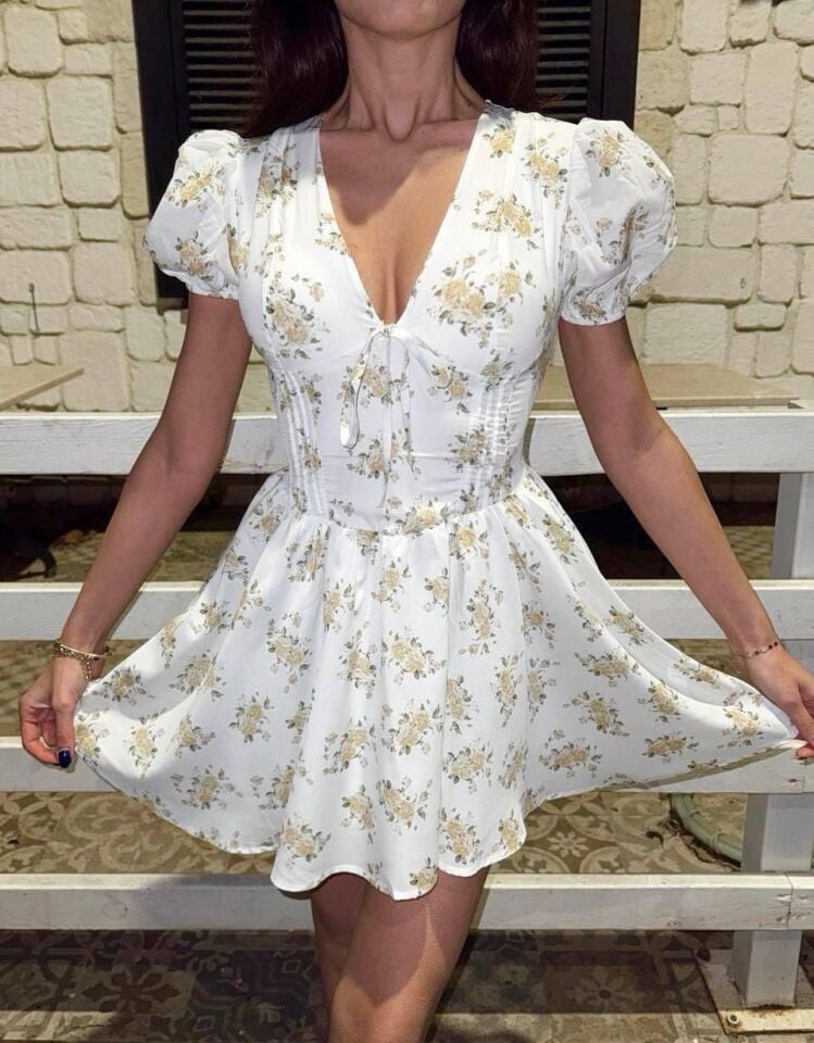 Sarı Çiçekli Beyaz Mini Elbise L(large)