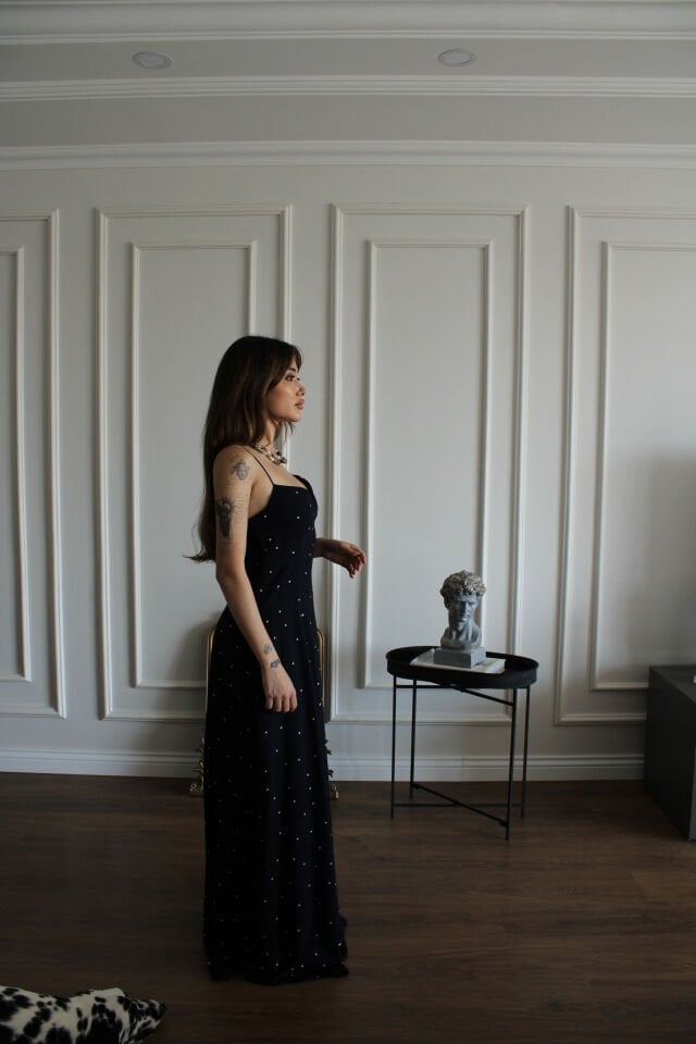 Askılı Lacivert Puantiyeli Maxi Boy Elbise