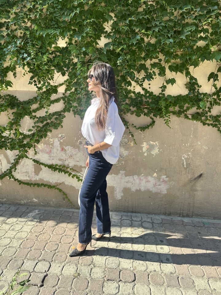 Düz kesik paça yüksek bel koyu mavi jean