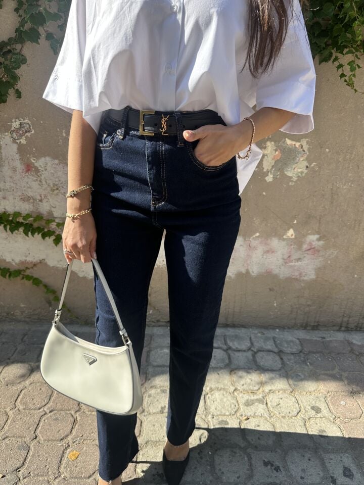 Düz kesik paça yüksek bel koyu mavi jean