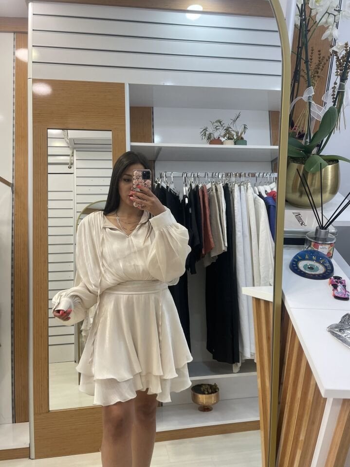 Vatkalı Jakarlı Tül Mini Elbise