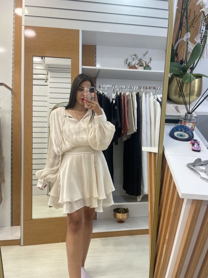 Vatkalı Jakarlı Tül Mini Elbise