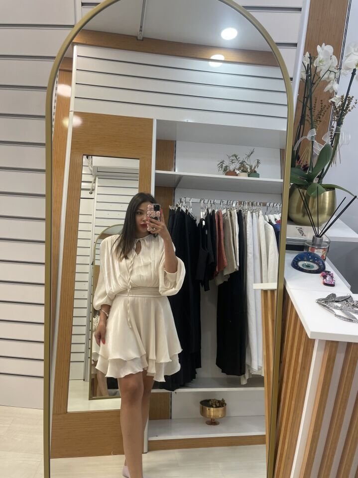 Vatkalı Jakarlı Tül Mini Elbise