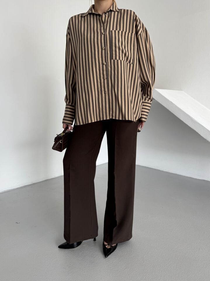 Kahve Camel Çizgili Cepli Gömlek