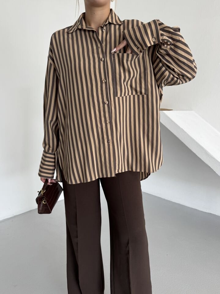 Kahve Camel Çizgili Cepli Gömlek