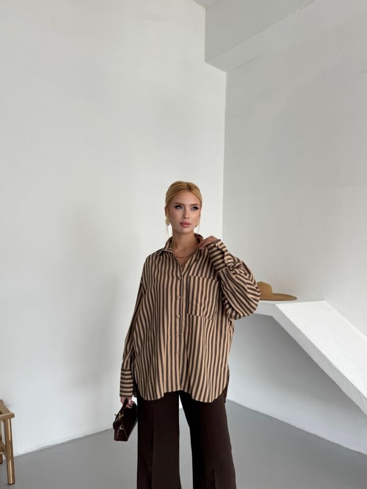 Kahve Camel Çizgili Cepli Gömlek