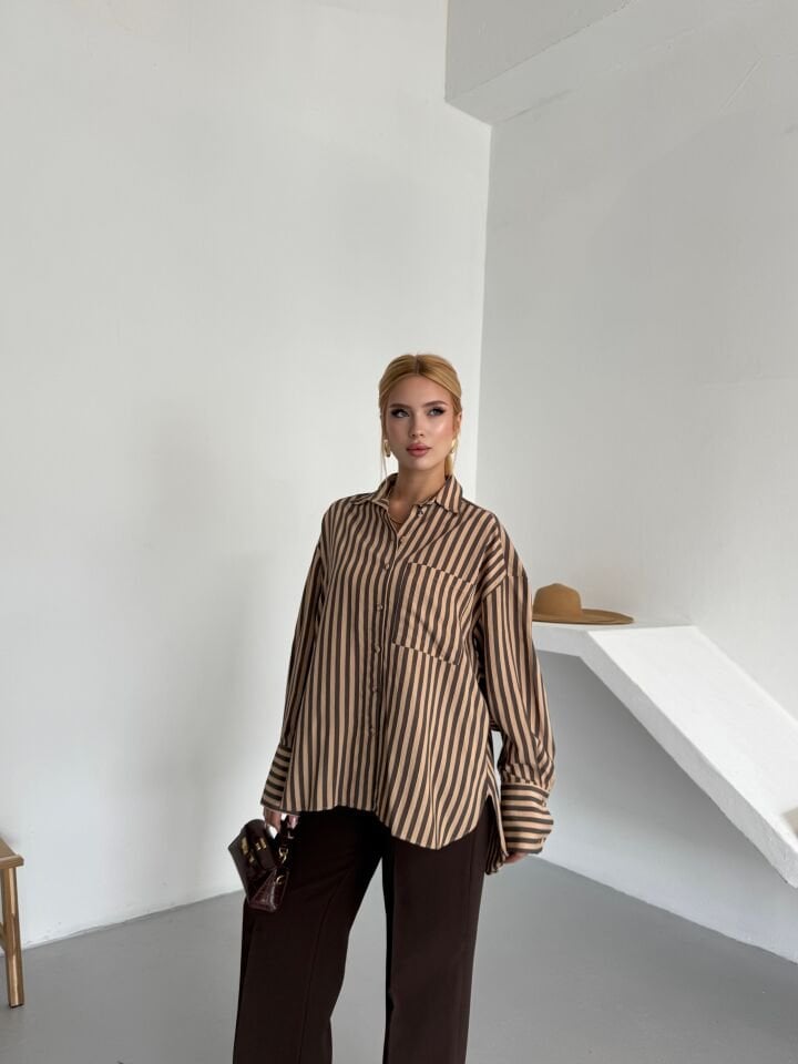Kahve Camel Çizgili Cepli Gömlek