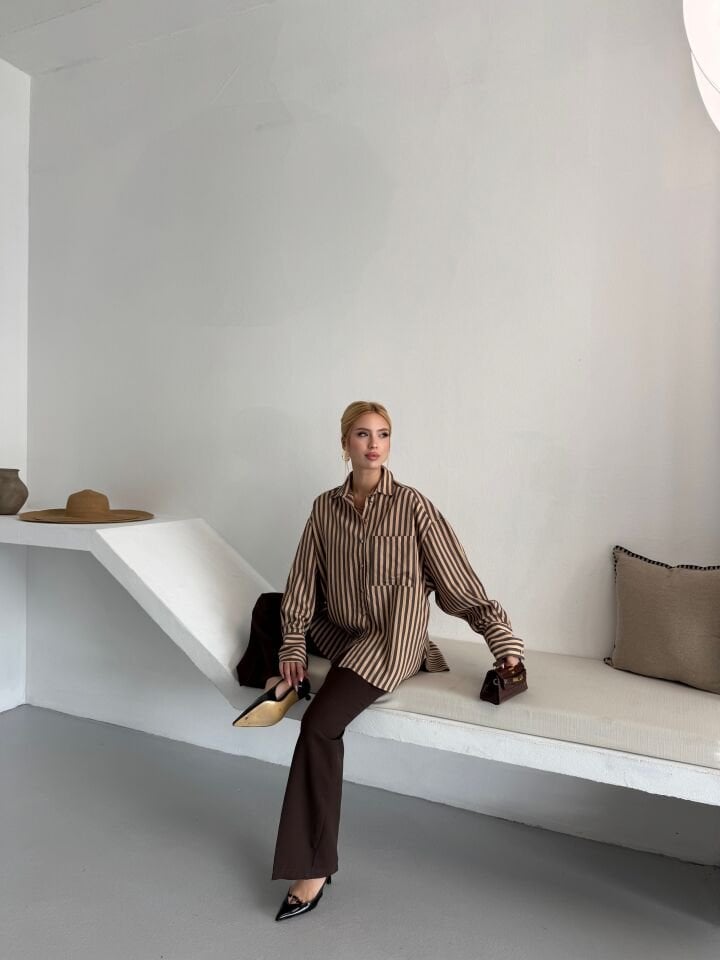 Kahve Camel Çizgili Cepli Gömlek