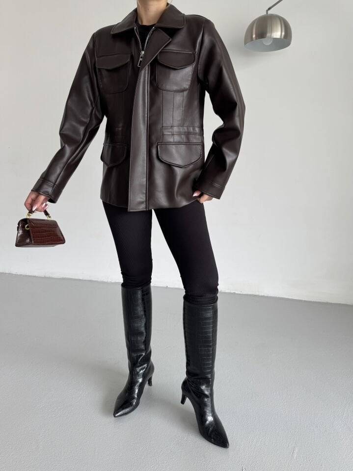 Kahverengi Belden Ayarlanabilir Deri Ceket