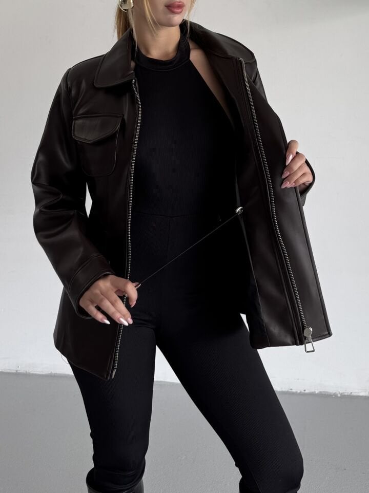 Kahverengi Belden Ayarlanabilir Deri Ceket