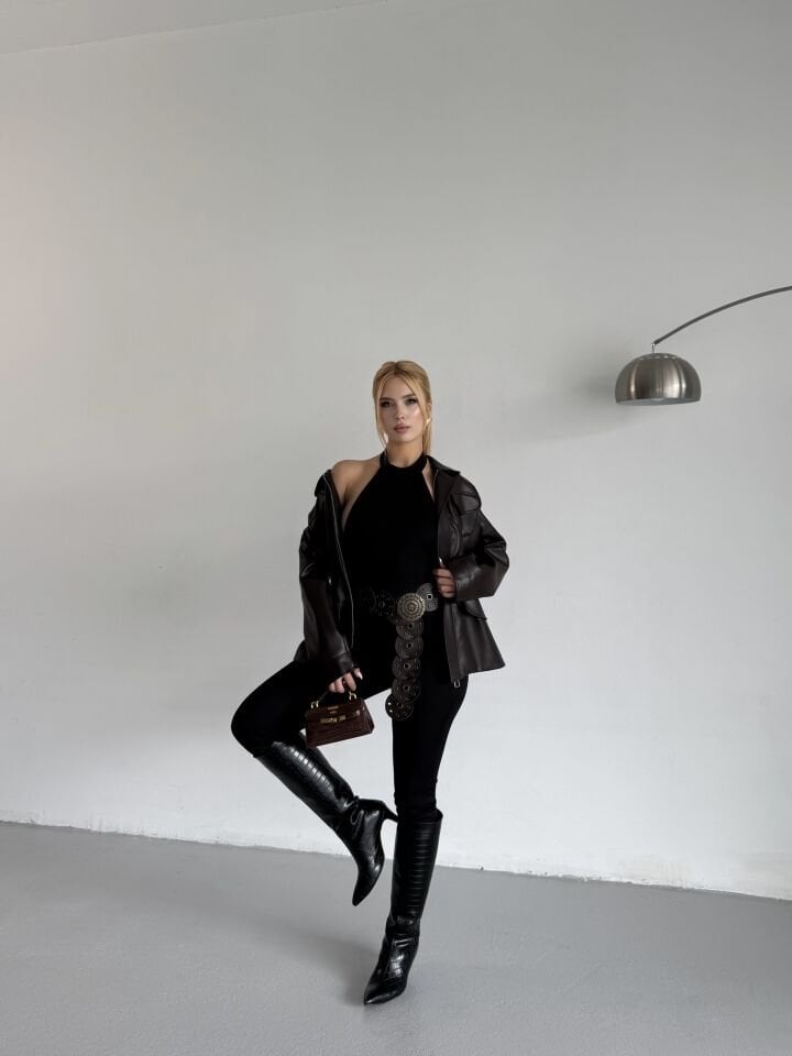 Kahverengi Belden Ayarlanabilir Deri Ceket