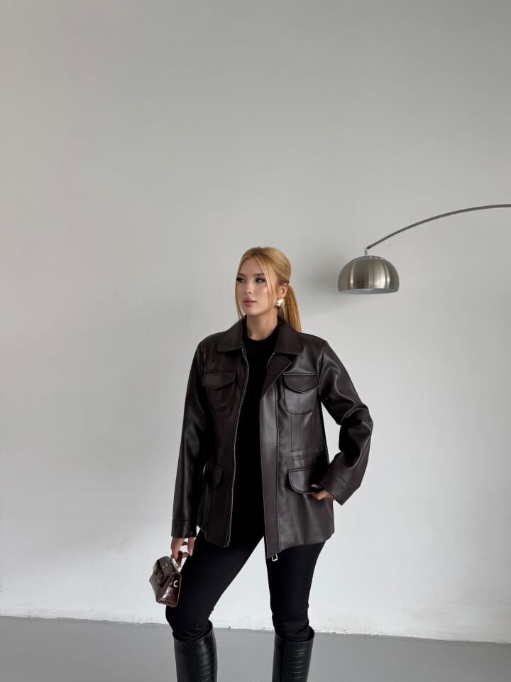 Kahverengi Belden Ayarlanabilir Deri Ceket