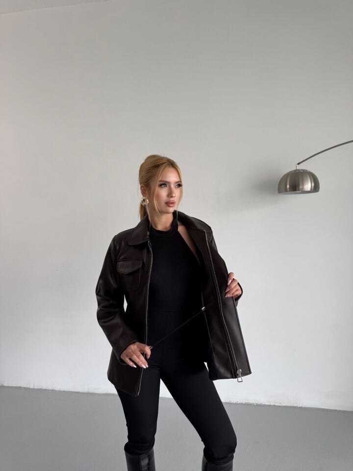 Kahverengi Belden Ayarlanabilir Deri Ceket