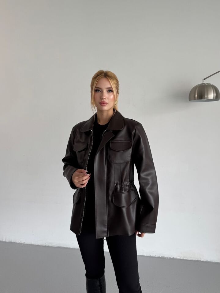 Kahverengi Belden Ayarlanabilir Deri Ceket