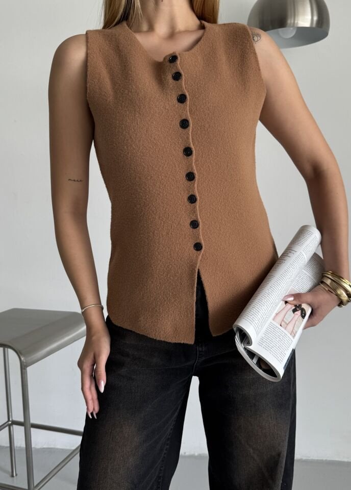 Camel Düğmeli Sıfır Kol Triko Yelek