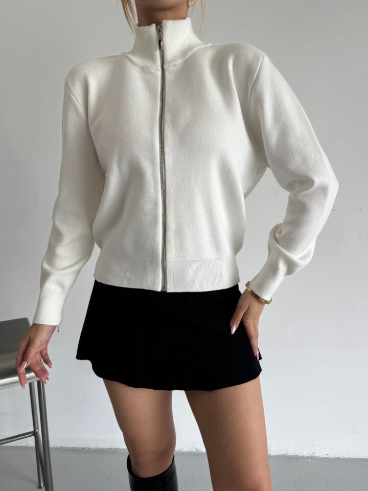 Orijinal Marka Fermuarlı Triko Hırka Krem