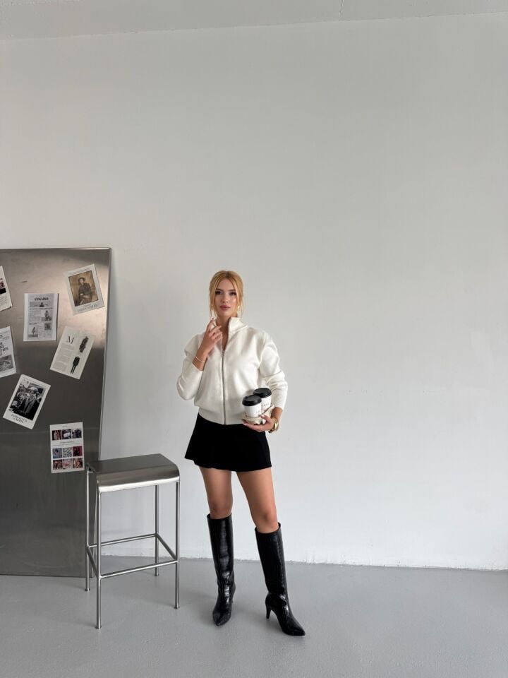 Orijinal Marka Fermuarlı Triko Hırka Krem