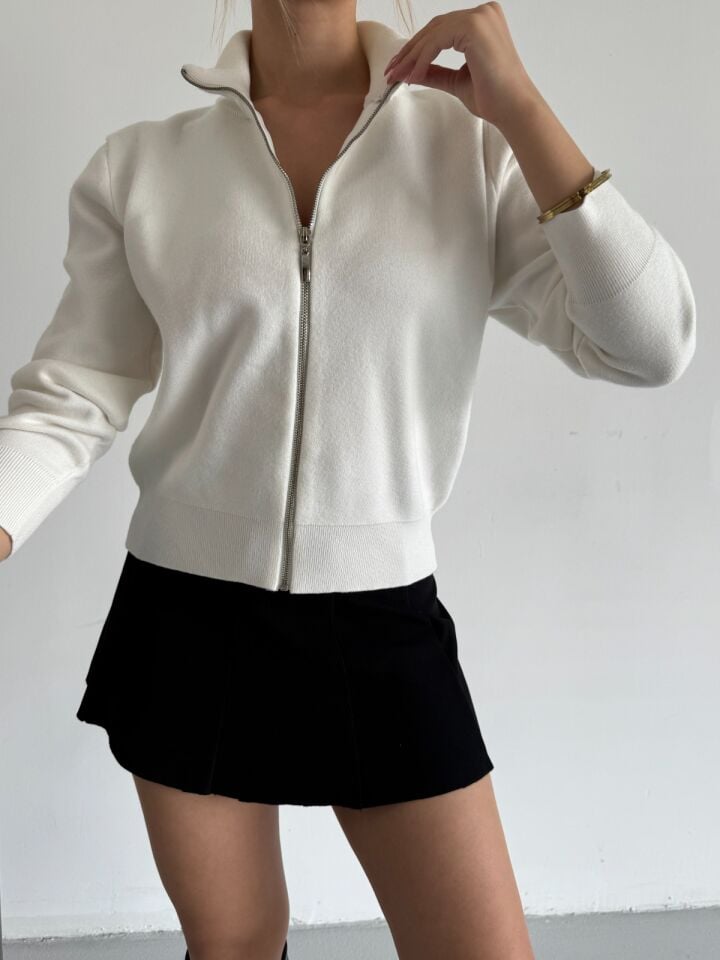 Orijinal Marka Fermuarlı Triko Hırka Krem