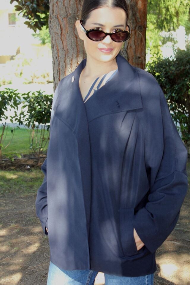 Lacivert Gold Düğme Detaylı Trençkot