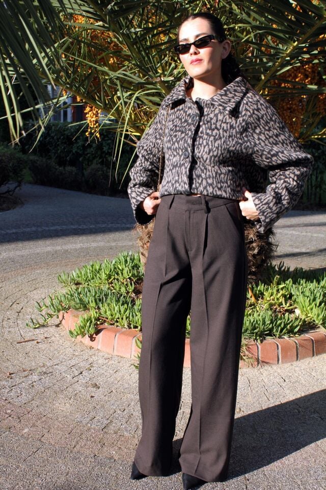 Yüksek Bel Palazzo Kahverengi Yünlü Pantolon