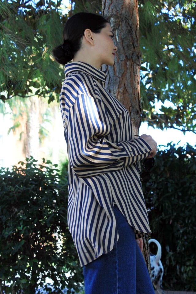 Lacivert Camel Çizgili Cepli Gömlek