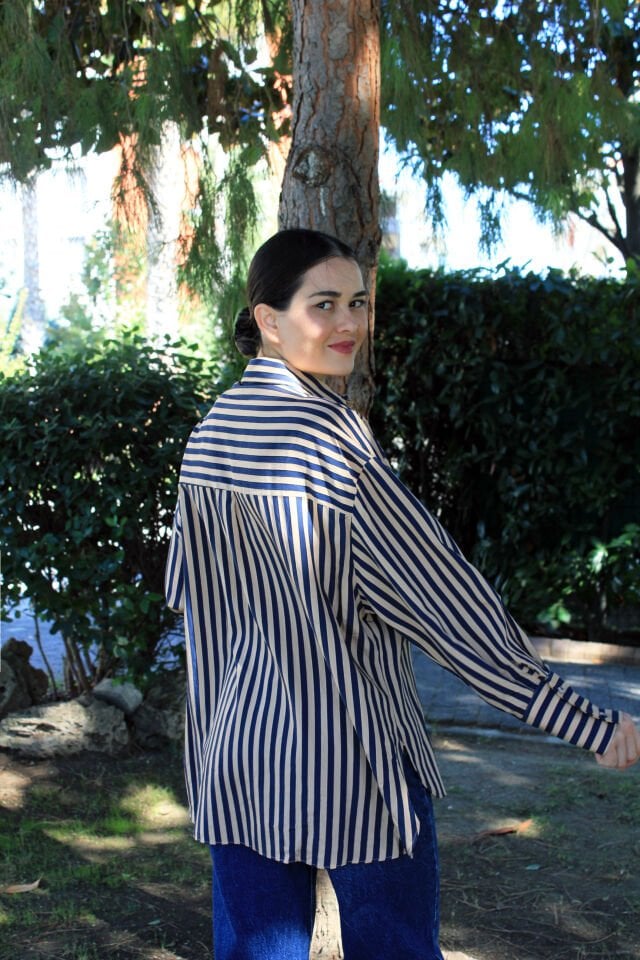 Lacivert Camel Çizgili Cepli Gömlek