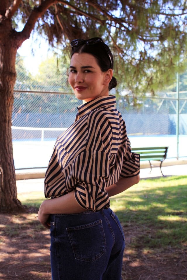 Lacivert Camel Çizgili Cepli Gömlek