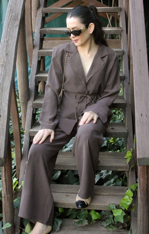 Kahverengi Tensel Kumaş Vaktalı Takım