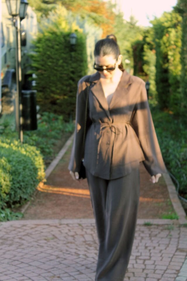 Kahverengi Tensel Kumaş Vaktalı Takım