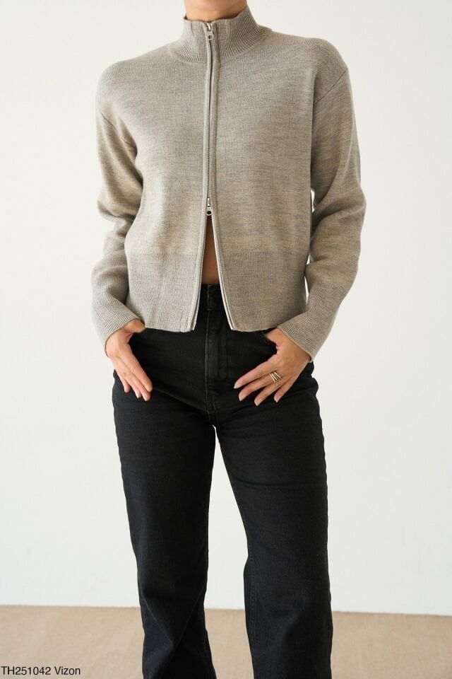 Çift Fermuarlı Triko Hırka