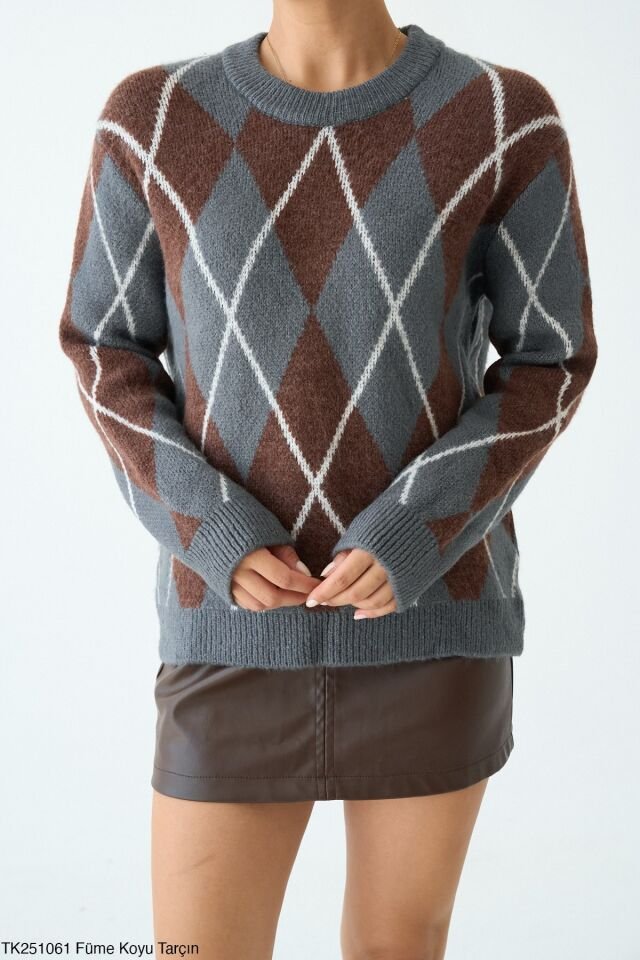 Bisiklet Yaka Baklava Desenli Triko Kazak