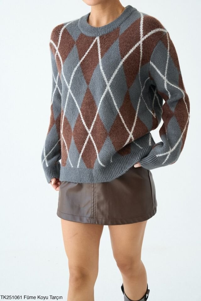 Bisiklet Yaka Baklava Desenli Triko Kazak