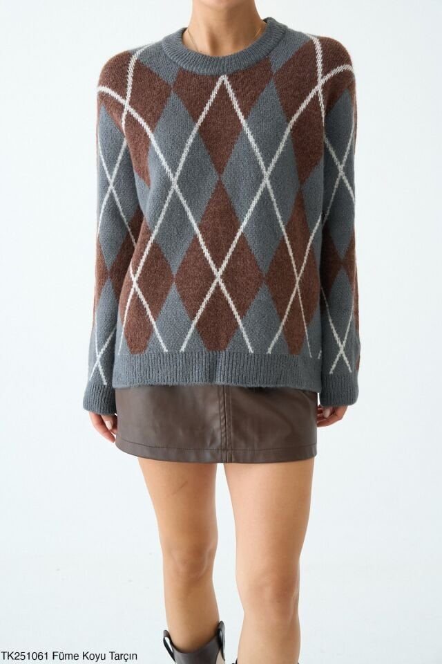 Bisiklet Yaka Baklava Desenli Triko Kazak standart