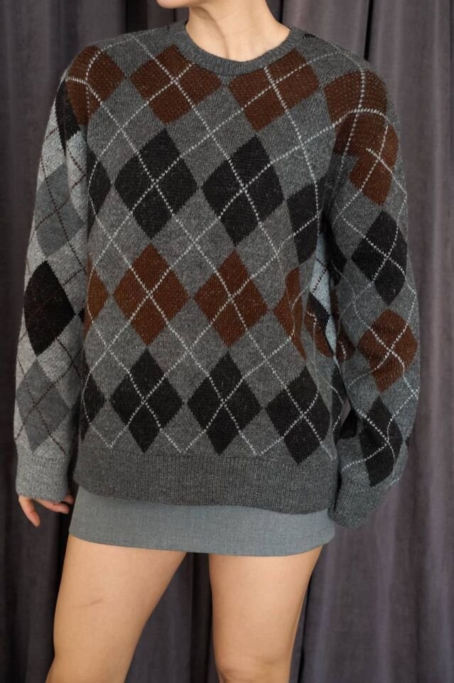 Gri Siyah Baklava Desen Bisiklet Yaka Oversize Triko Kazak