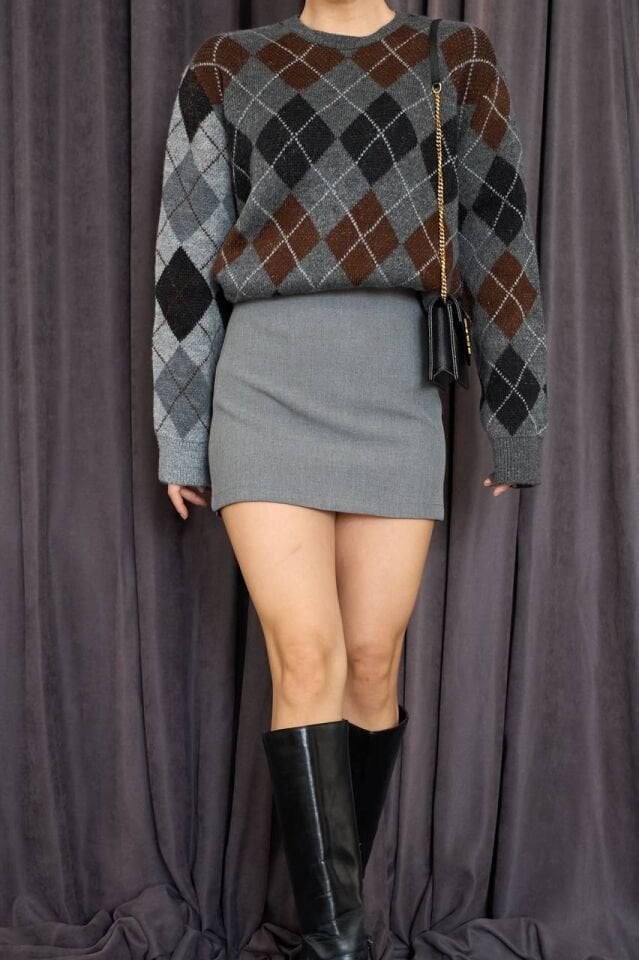 Gri Siyah Baklava Desen Bisiklet Yaka Oversize Triko Kazak