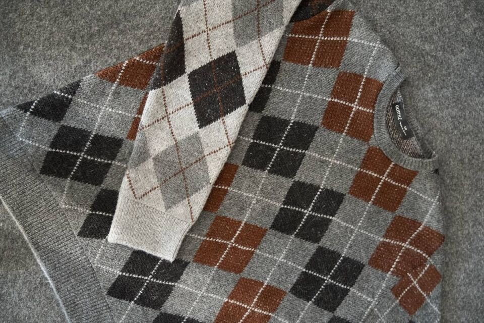 Gri Siyah Baklava Desen Bisiklet Yaka Oversize Triko Kazak