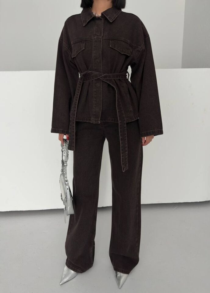 Acı Kahve Kuşaklı Denim Takım