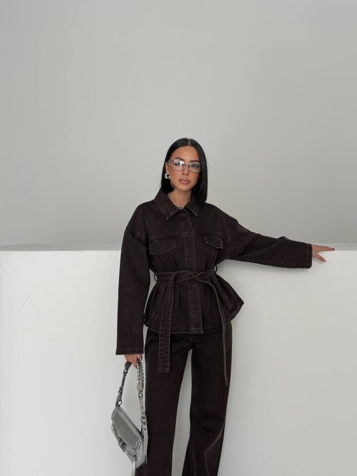 Acı Kahve Kuşaklı Denim Takım