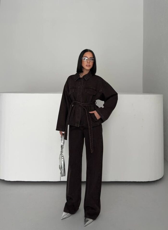 Acı Kahve Kuşaklı Denim Takım 38