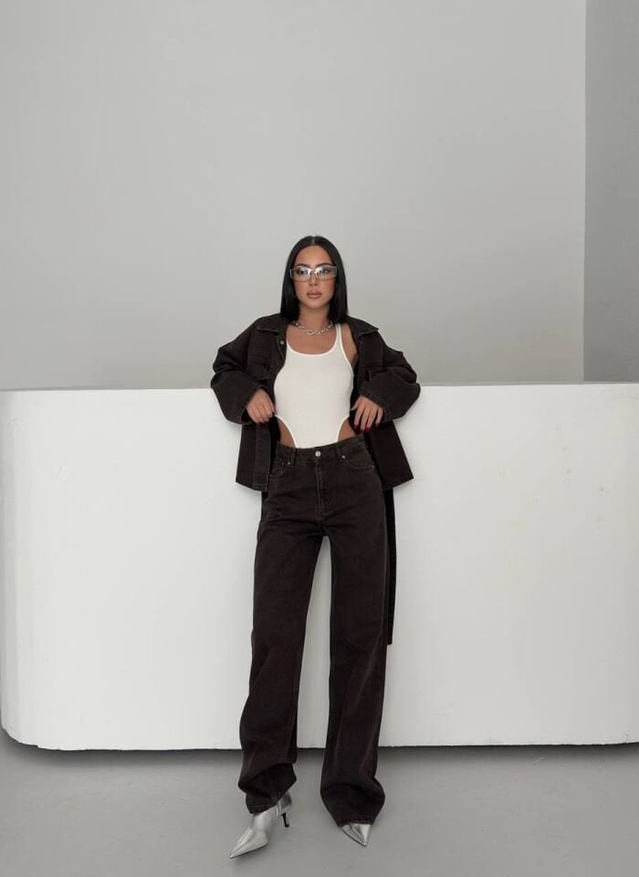 Acı Kahve Kuşaklı Denim Takım