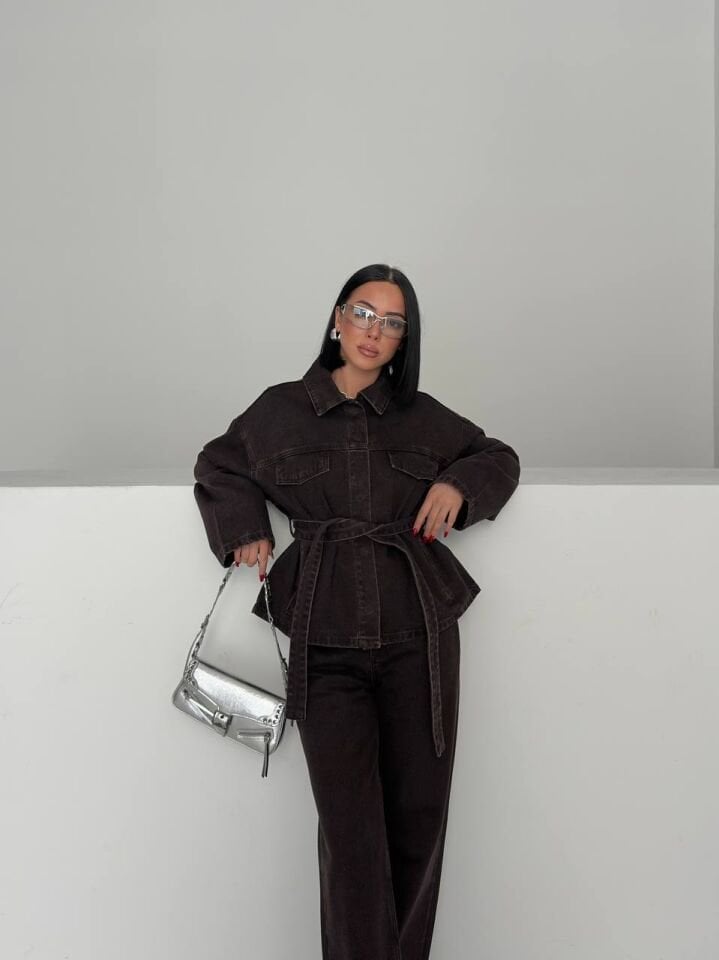 Acı Kahve Kuşaklı Denim Takım