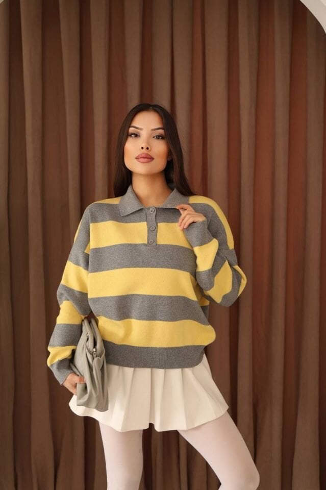 Sarı Gri Çizgili Orijinal Marka Kazak